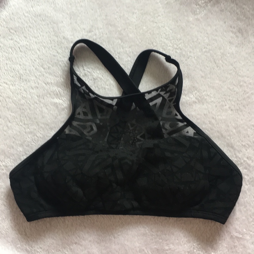 Black w/ Mesh Pattern High-Neck Swimsuit Top